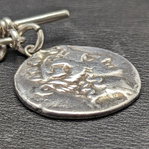 1900年頃 英国アンティーク 純銀(925シルバー)アルバートチェーン 62g ローマ銀貨フォブ